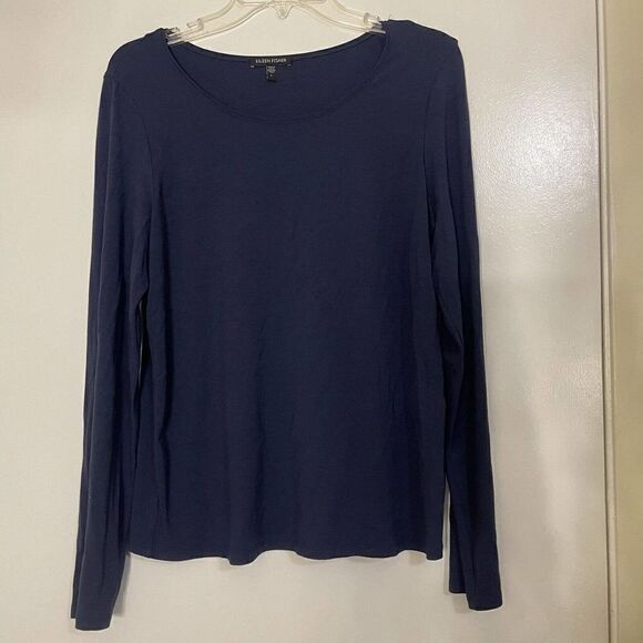 EILEEN FISHER navy blue knit lightweight long sleeve pullover shirt size Large - Picture 1 of 4